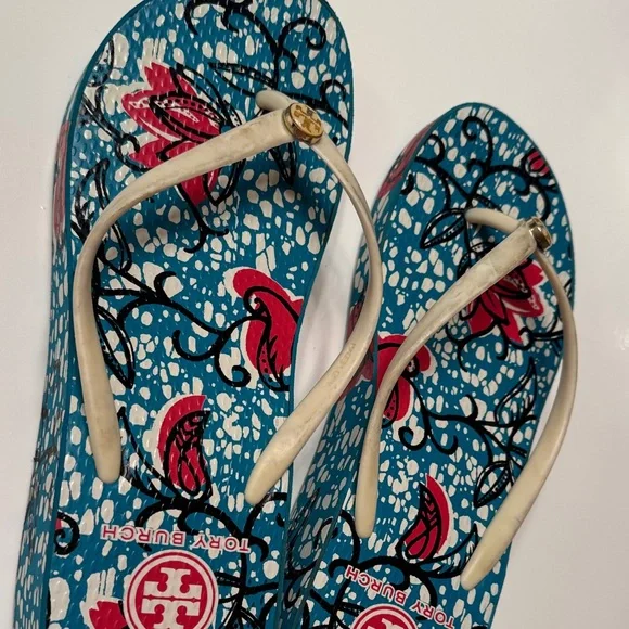 Tory Burch Blue and Red Floral Flip Flops - Picture 5 of 5